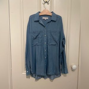 LOFT Chambray Cotton Lyocell Blend Long Sleeve Button Up Shirt Size Small